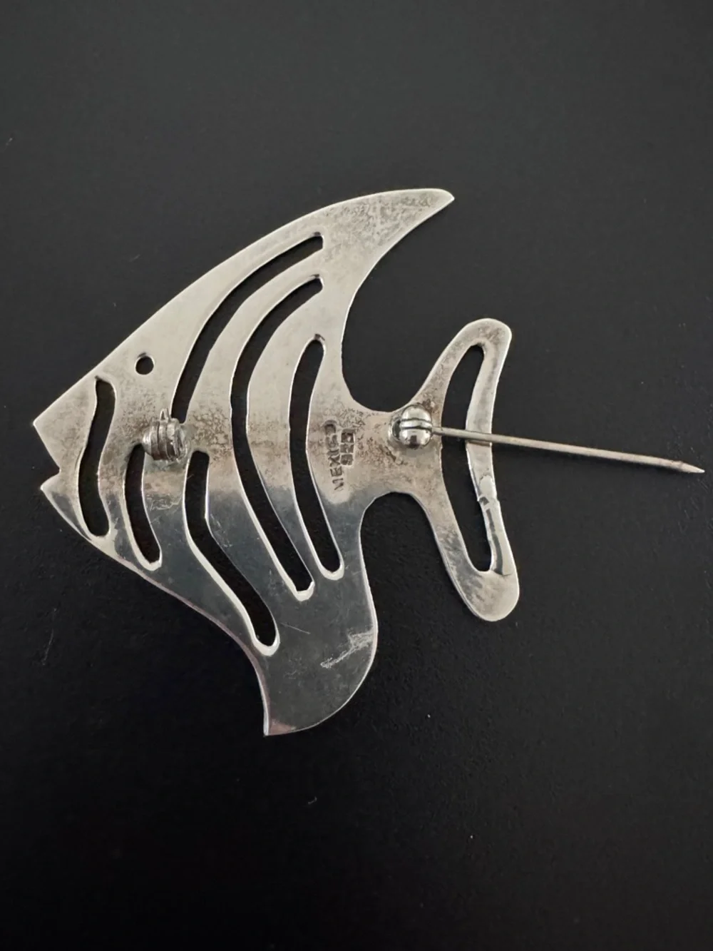 80s Vintage 925‎ Silver Mexico Angelfish Brooch Cutout Tropical Fish Pin